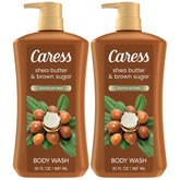 Caress body wash bottle pour with shea butter and brown sugar for hydrated skin.