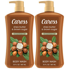 Caress body wash bottle pour with shea butter and brown sugar for hydrated skin.