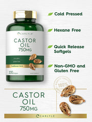 Carlyle Castor Oil label close-up showing lab-tested, non-GMO claims