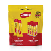 Carmex Classic Medicated Lip Balm Pack outer box for on-the-go protection.