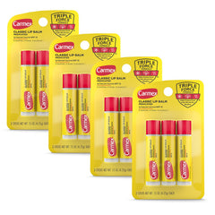 Carmex classic medicated lip balm stick packaging shows four-pack convenience for on-the-go protection.