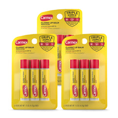 Carmex classic medicated lip balm stick three-pack front view for all-day lip moisture.