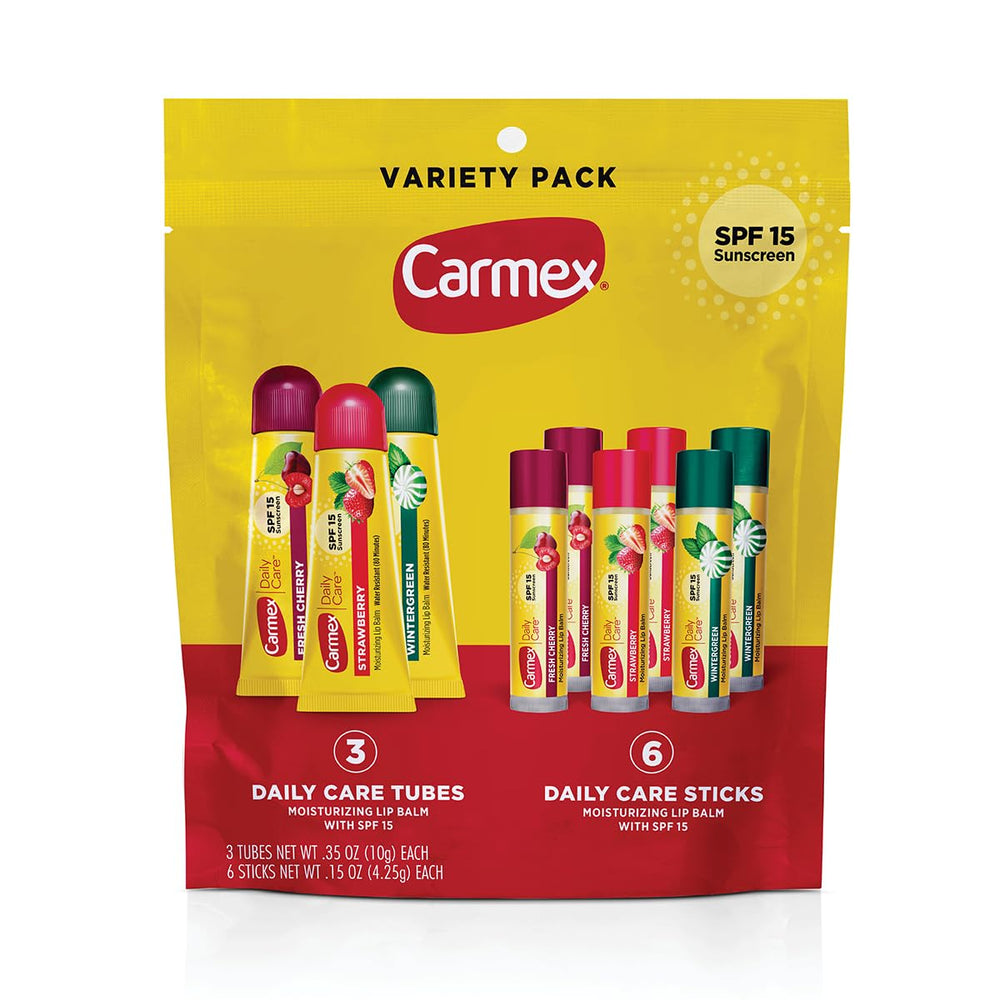 Carmex Daily Care SPF15 pack front view for on-the-go lip protection and hydration.