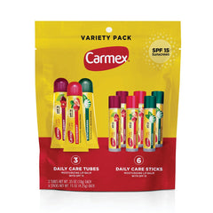 Carmex Daily Care SPF15 pack front view for on-the-go lip protection and hydration.