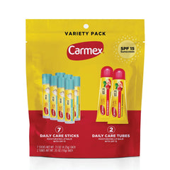 Carmex daily care strawberry stick with SPF 15 moisturizing lip balm for everyday protection.