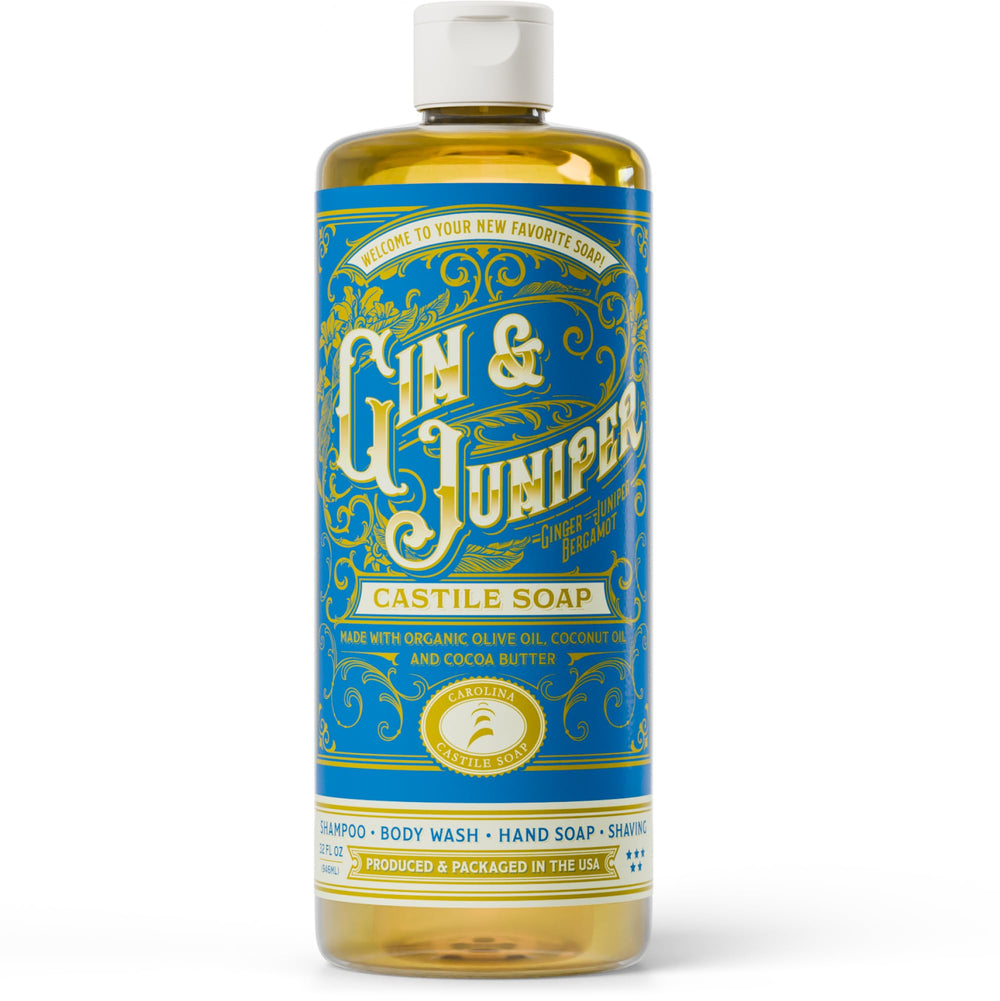Carolina Castile Soap Gin & Juniper bottle ready for daily cleansing and refreshment.