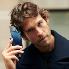 Carolina Herrera Bad Boy Cobalt packaging close-up highlights versatile day-to-night wear.