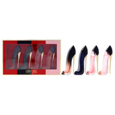 Carolina Herrera Good Girl mini set travel EDP splash bottle on vanity for on-the-go scent.