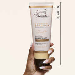 Carol's Daughter Goddess Strength application hands demonstrating easy distribution and detangling prep.
