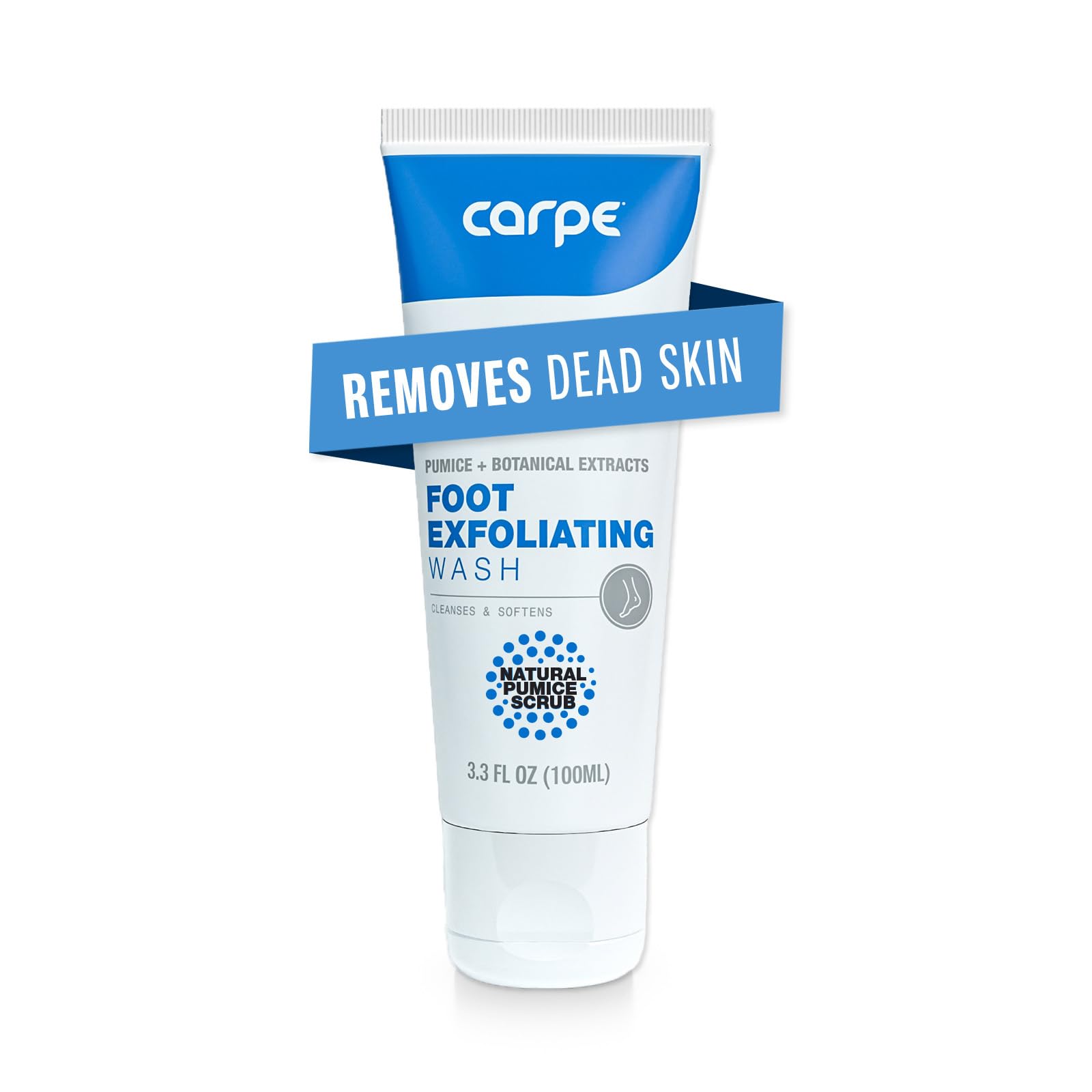 Carpe Exfoliating Foot Scrub packaging showcasing minty formula for odor protection and exfoliation.
