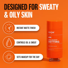 Carpe loose powder brush application shows easy, mess-free setting.