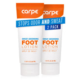 Carpe Sweat Absorbing Foot Lotion bottle shows quick-drying, non-greasy foot care benefits.