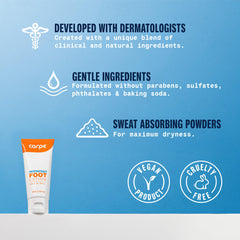 Carpe Sweat Absorbing Foot Lotion with free applicator demonstrates easy nightly use.