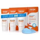 Carpe Sweat Absorbing Foot Lotion tubes with applicator for targeted dry feet.