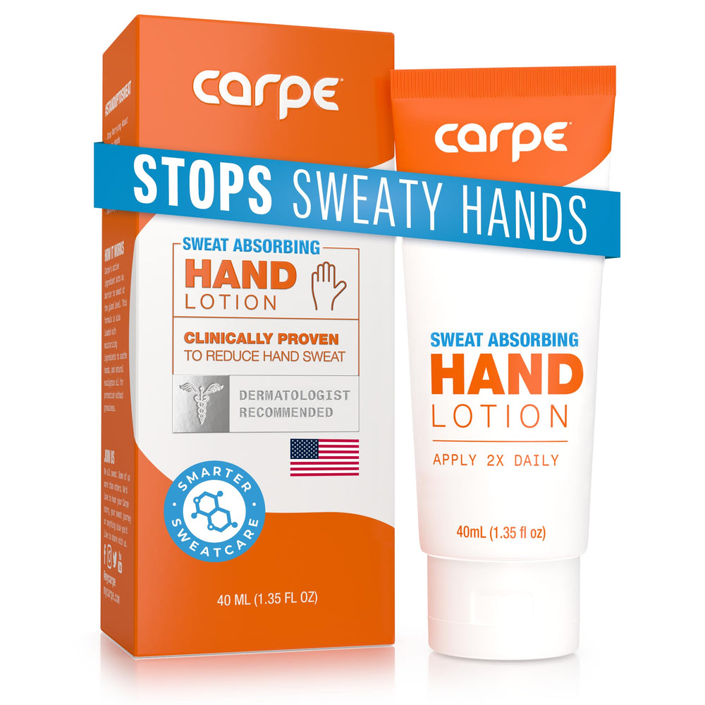 Carpe Sweat Absorbing Hand Lotion bottle for quick-drying, non-greasy sweat relief on hands.