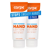 Carpe Sweat Absorbing Hand Lotion bottle demonstrates quick-dry formula for dry, comfortable hands.