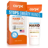 Carpe Sweat Absorbing Hand Lotion label close-up highlighting brand packaging for dry hands.