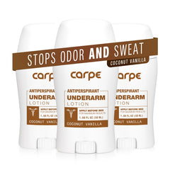 Carpe underarm antiperspirant bottle with coconut vanilla scent for long-lasting freshness.