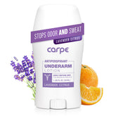 Carpe underarm antiperspirant lotion bottle shows quick-drying, non-greasy finish for daily wear