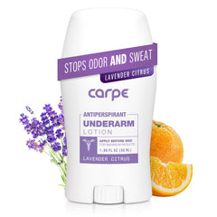Carpe underarm antiperspirant lotion bottle shows quick-drying, non-greasy finish for daily wear