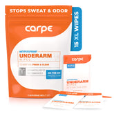 Carpe wipes packaging demonstrates portable sweat relief on the move.