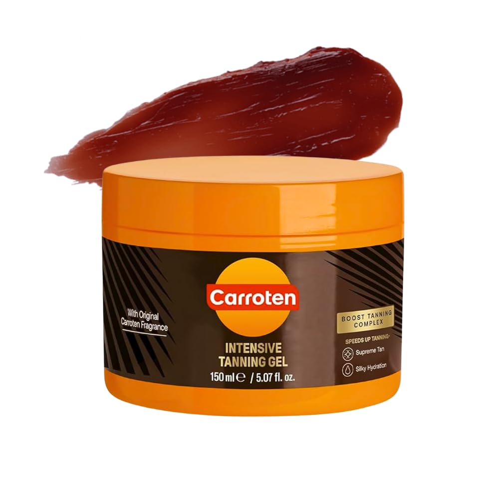 Carroten Intensive Tanning Gel bottle highlights a non-greasy bronze boost for tanning.