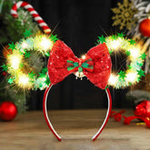 CASDRE Christmas light up mouse ear headband with red-green bow for festive styling.