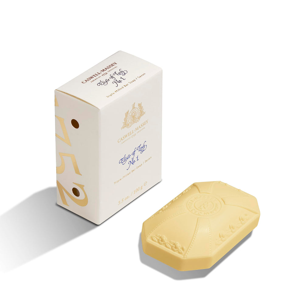 Caswell-Massey Elixir of Love soap highlights jasmine-lavender aroma for a soothing daily cleanse.