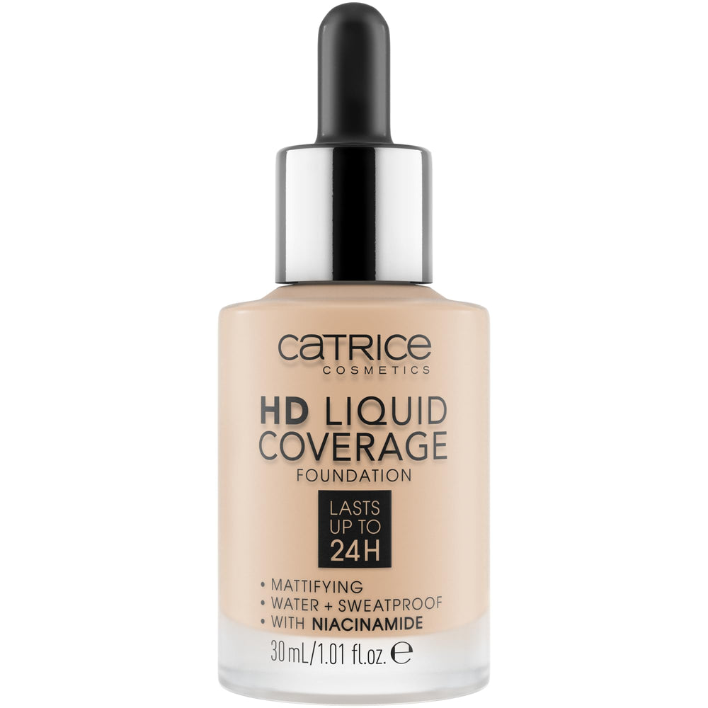 Catrice HD Liquid Coverage bottle demonstrates a lightweight natural matte finish for all day wear