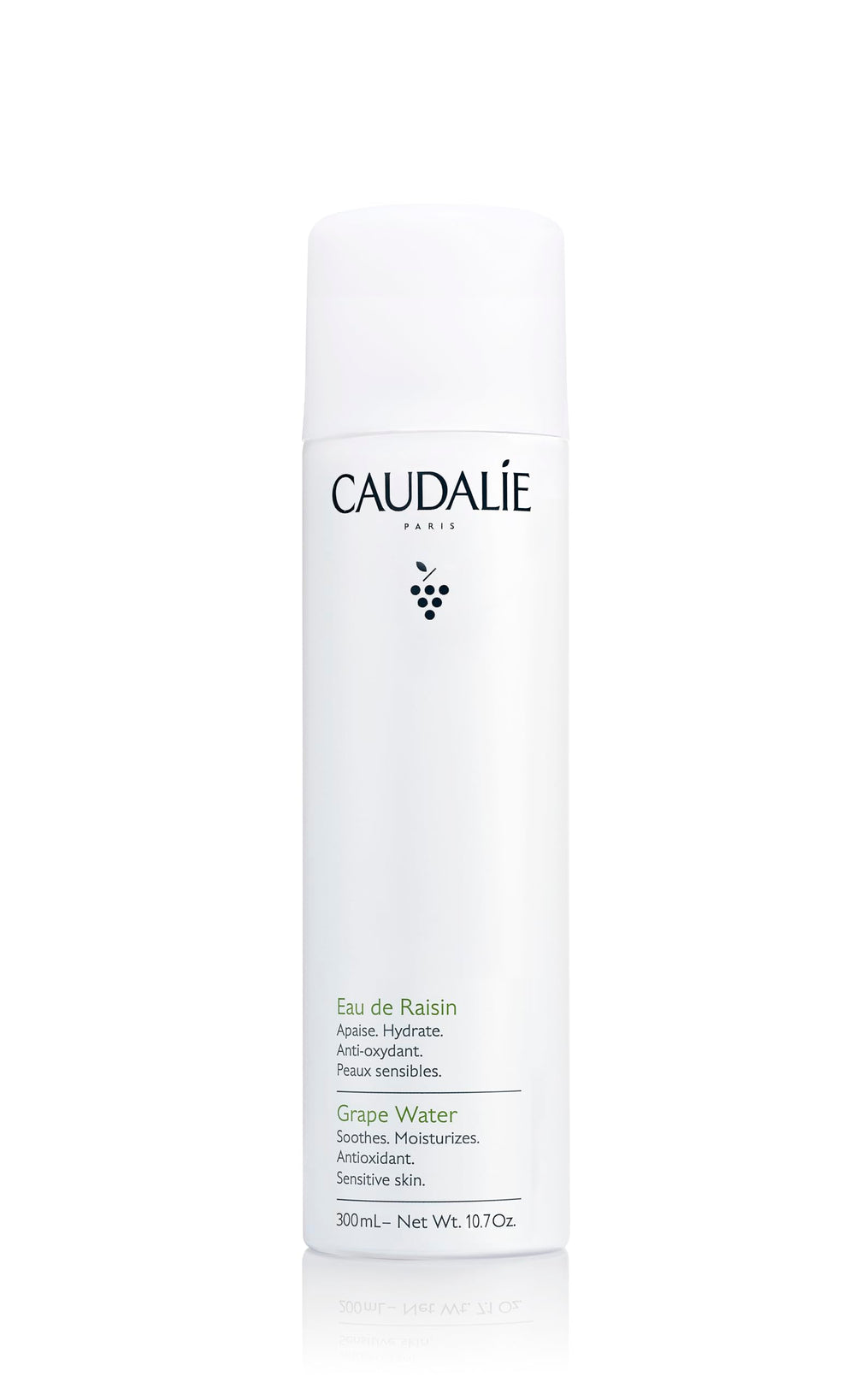 Caudalie grape water face mist bottle delivers refreshing hydration throughout the day.