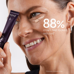 Caudalie Premier Cru eye cream jar closeup highlighting pearlizers brightening look.