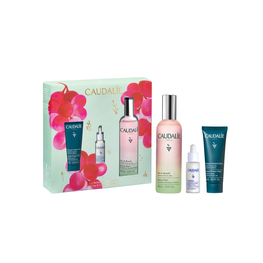 Caudalie Beauty Elixir bottle ready to refresh skin and set makeup for a dewy glow.