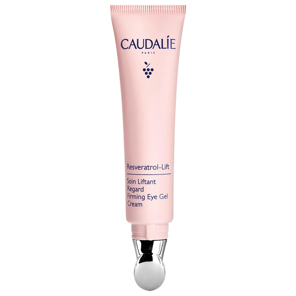 Caudalie Resveratrol-Lift eye gel tube with metal applicator for targeted depuffing.