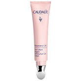 Caudalie Resveratrol-Lift eye gel tube with metal applicator for targeted depuffing.