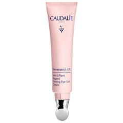 Caudalie Resveratrol-Lift eye gel tube with metal applicator for targeted depuffing.