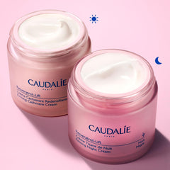 Caudalie Resveratrol Lift night cream being applied to face and neck at night.