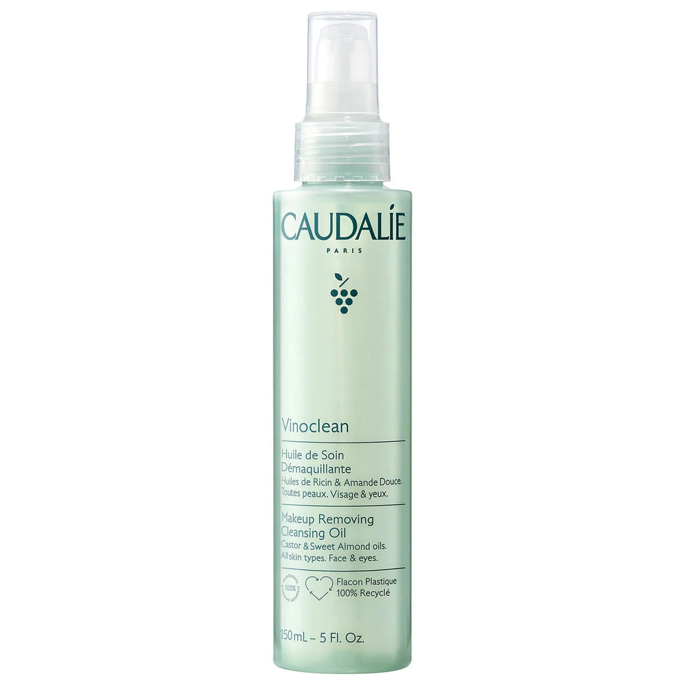 Caudalie Vinoclean cleansing oil bottle pour demonstrates fast makeup removal