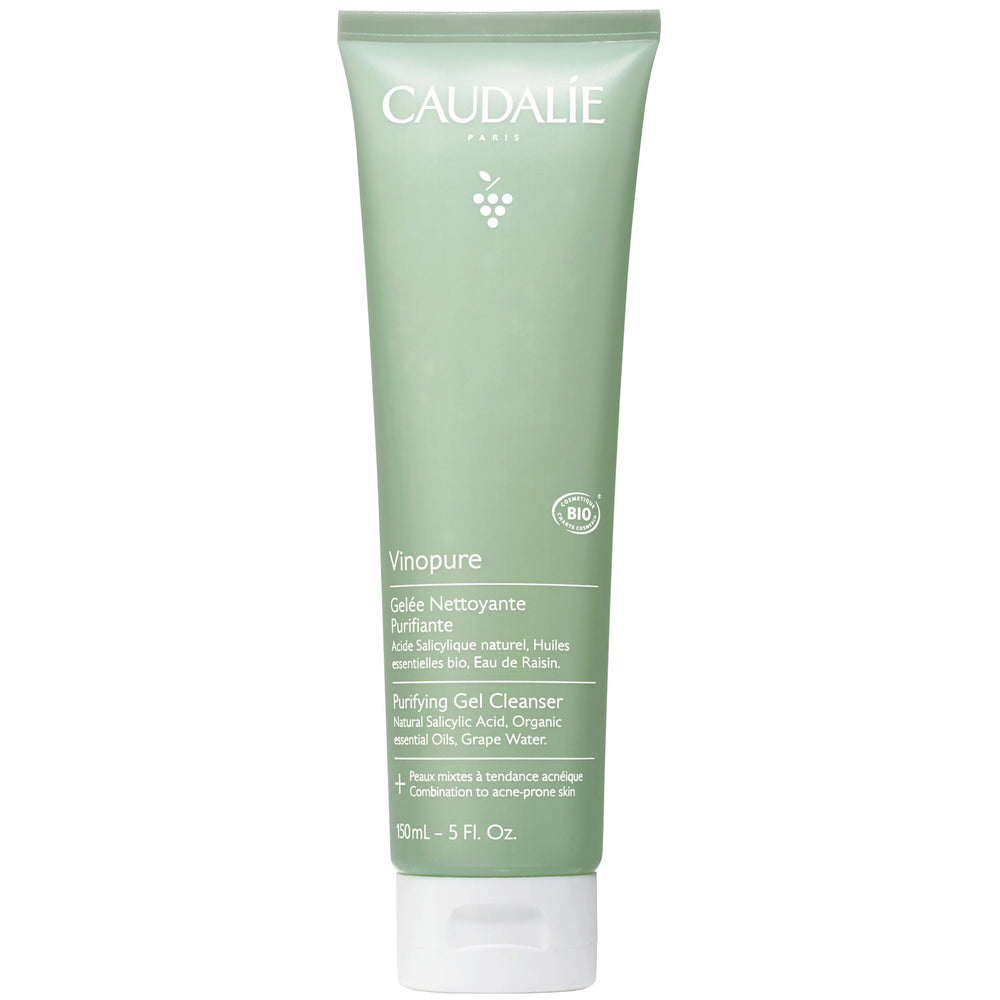 Caudalie Vinopure cleanser bottle closeup highlights pore-purifying gel texture for clear skin.