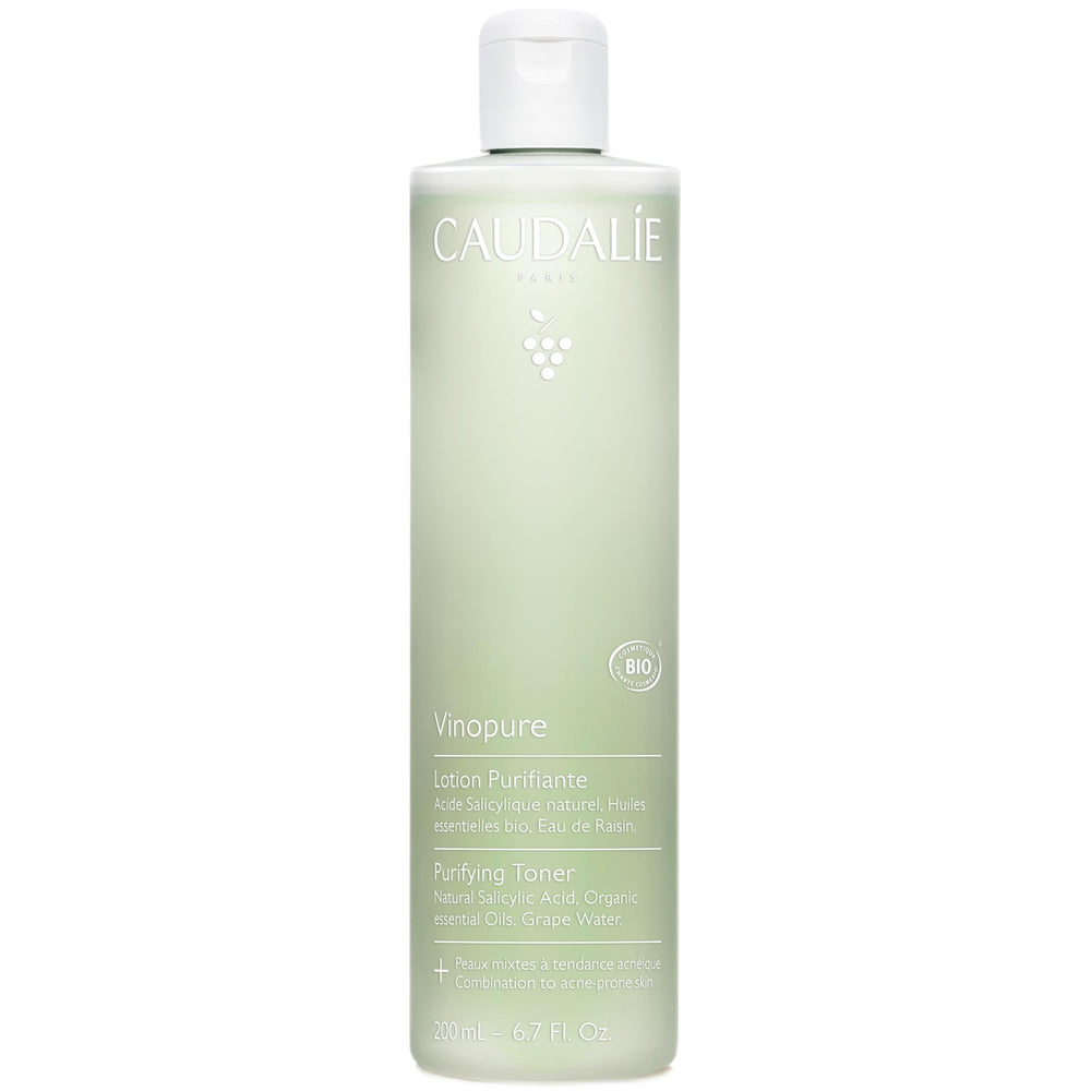 Caudalie Vinopure toner bottle on bathroom counter for oil control.