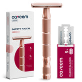CAVEEM Rose Gold double-edge razor close-up showcases textured handle for comfortable, precise shaving.