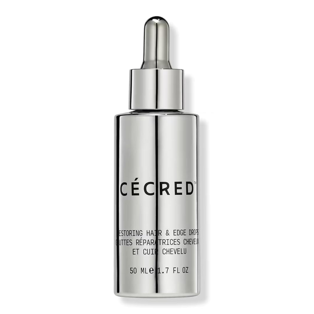 Cécred Restoring Hair & Edge Drops bottle demonstrates daily serum for fuller-looking hair and healthier roots.