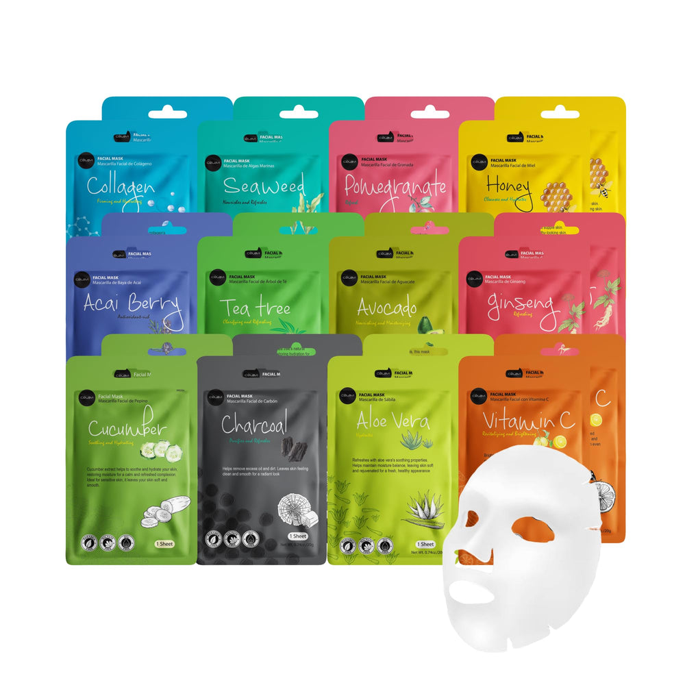 Celavi essence mask variety pack cover highlights hydration for refreshed skin.