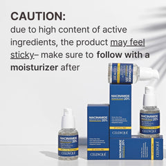 CELDYQUE Niacinamide pump bottle shows fragrance-free formula for sensitive skin.