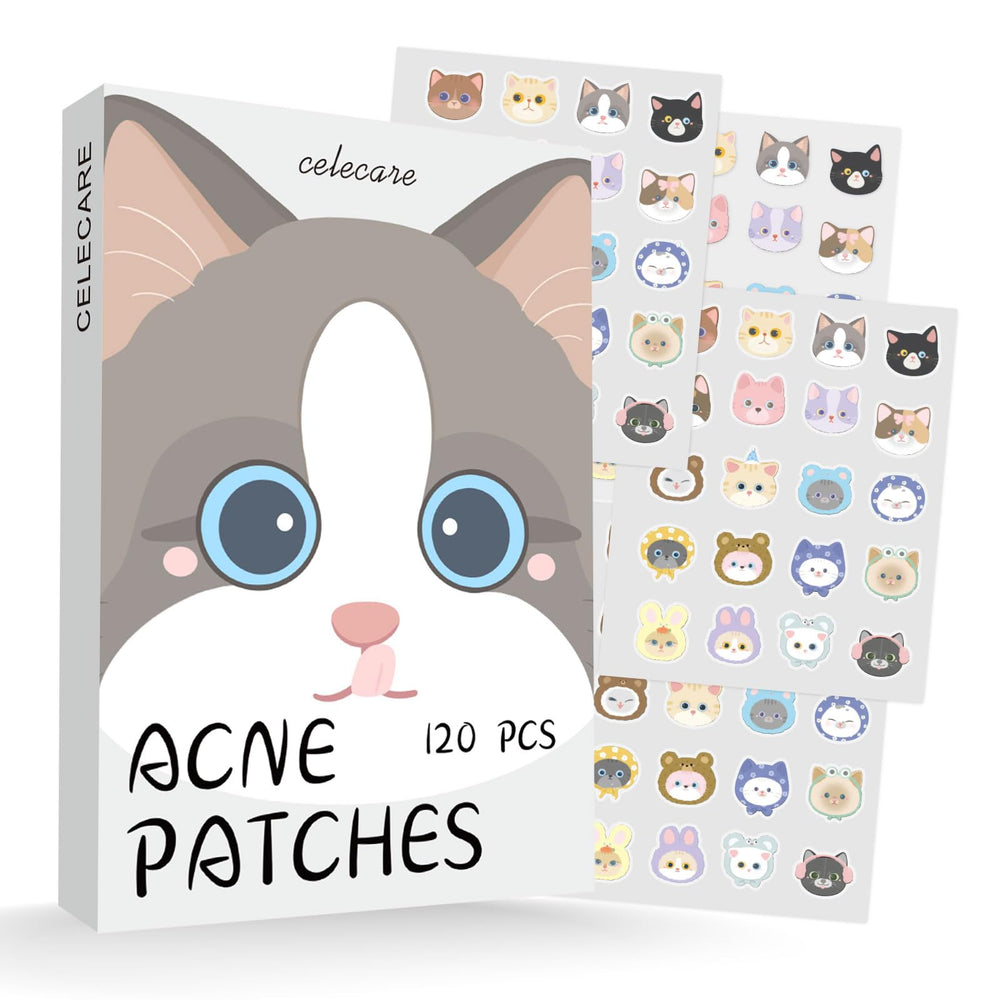 CELECARE parches para acné con diseño de gato multicolor que absorben fluidos.