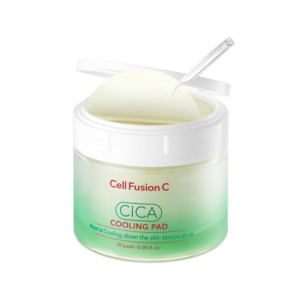 Cell Fusion C Post Alpha CICA Cooling Toner Pad packaging showing soothing, non-menthol cooling