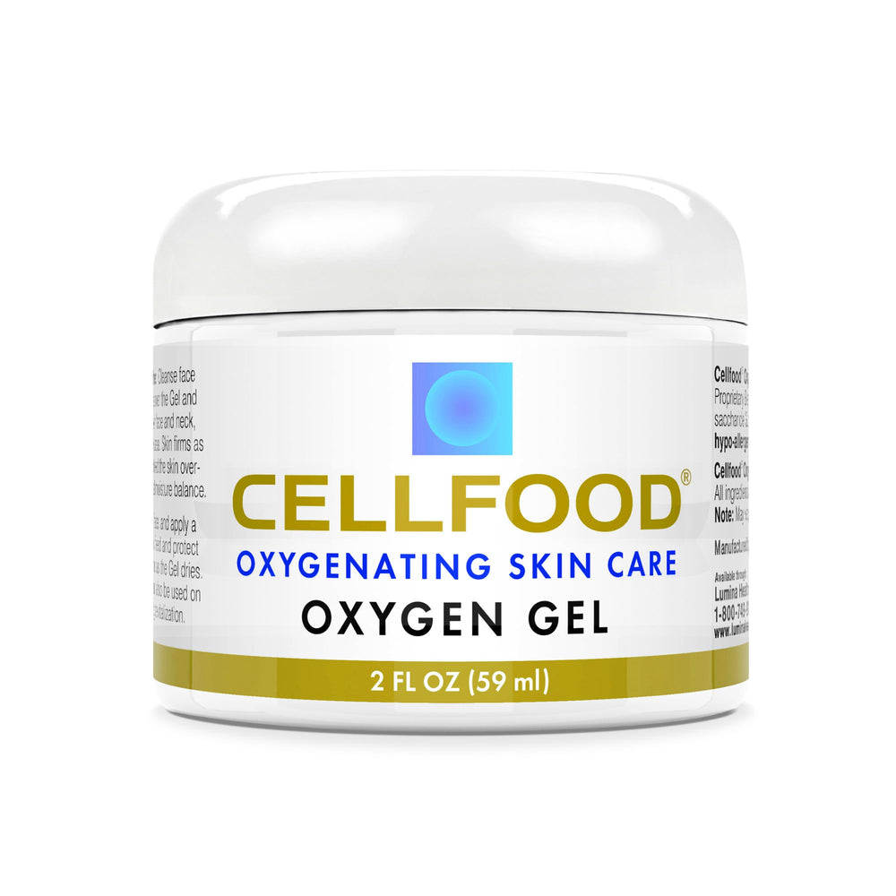 Cellfood Oxygen Gel bottle closeup highlights nutrient-rich moisture for skin.