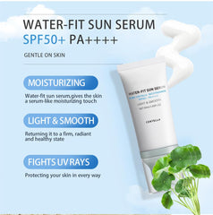Centella Sunscreen water-fit serum image illustrates hydrating, non-sticky layer for fresh skin.