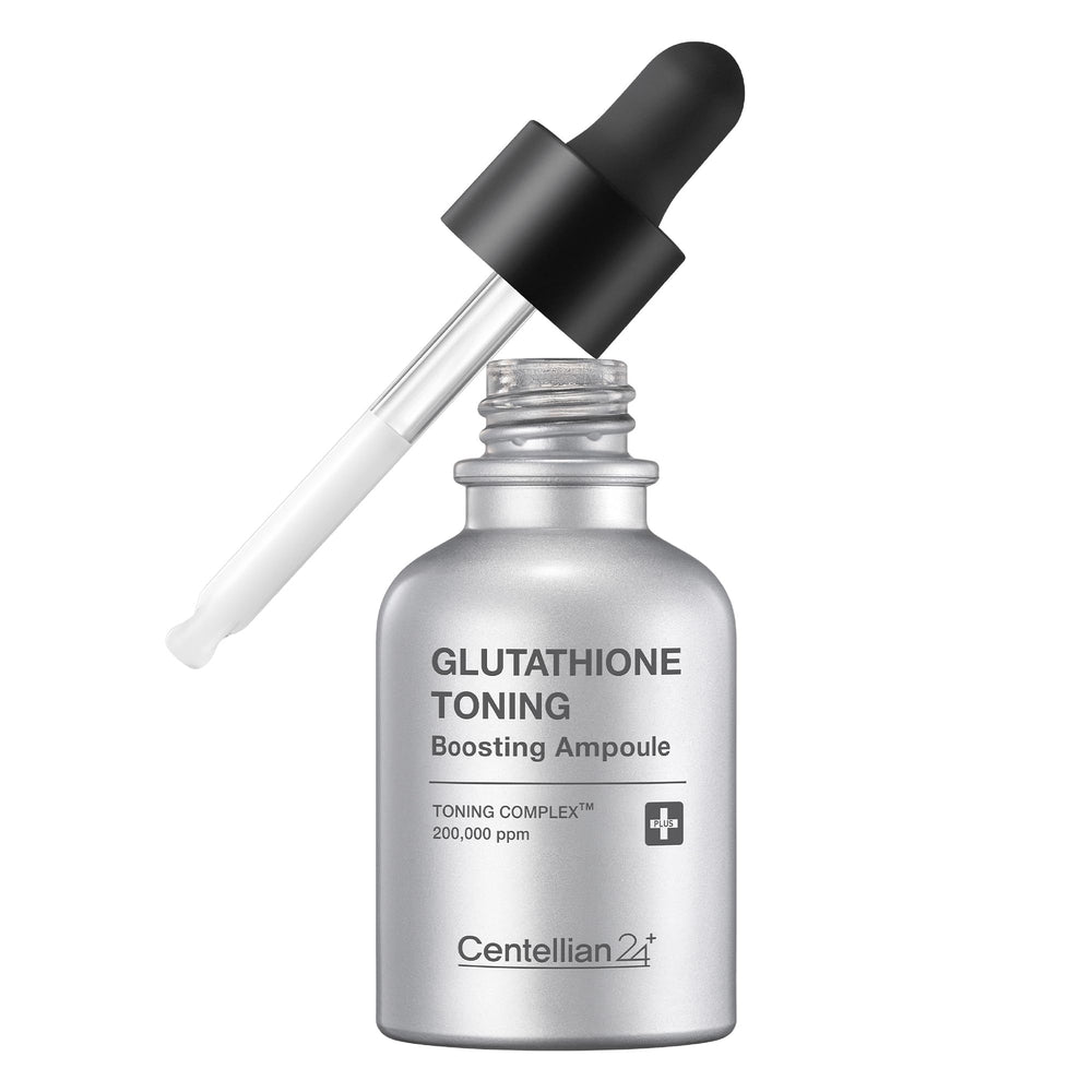Centellian 24 glutathione-toning-ampoule bottle showcases a luminous glow for even skin tone.
