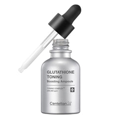 Centellian 24 glutathione-toning-ampoule bottle showcases a luminous glow for even skin tone.