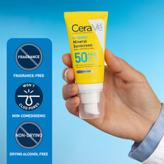 CeraVe sunscreen held in hand to show 1.62oz scale and travel convenience